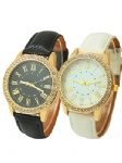 Fashion leather watch with Roman numerals and stone on case